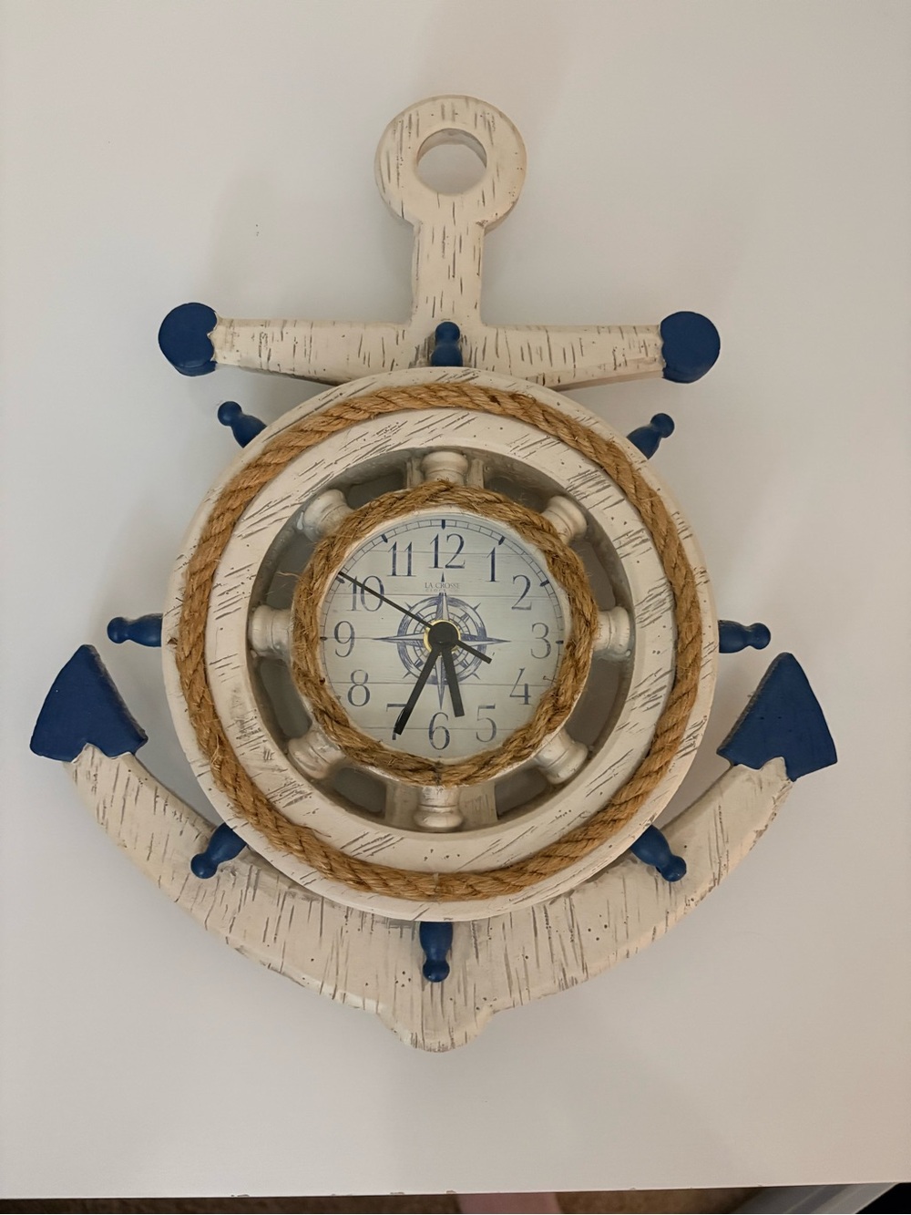 La Crosse Nautical Anchor Ship Wheel Wall Clock Coastal Beach Decor White Blue